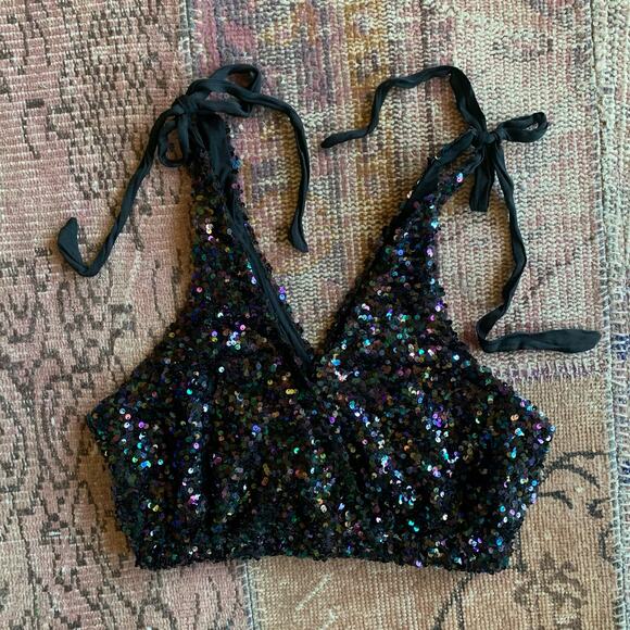 FREE PEOPLE size Medium crop tie sequin top BLACK - Picture 3 of 4